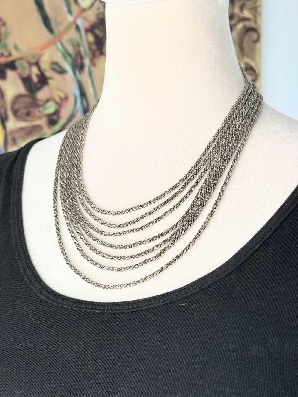Silver Tone Multi Strand Chain Necklace Greek Key Layered Statement 16”
